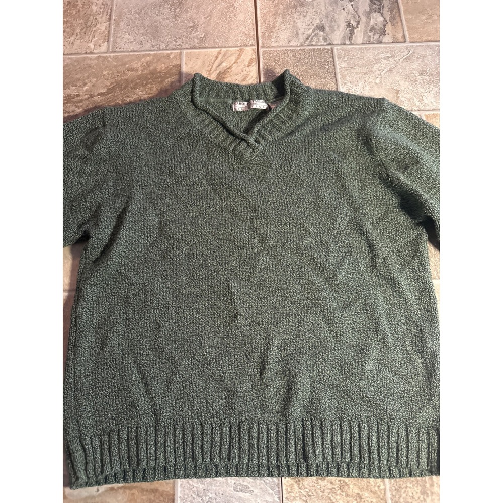 Carolyn Taylor Essentials Green Heather Knit Split V-Neck Sweater Womens Large